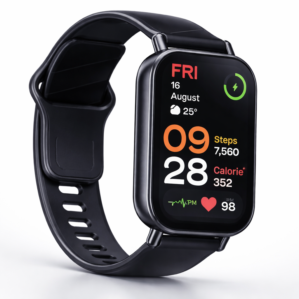 Redmi Watch 5 Active smartwatch showing step counter, heart rate tracking, calorie monitor and Bluetooth calling on a large 2-inch display