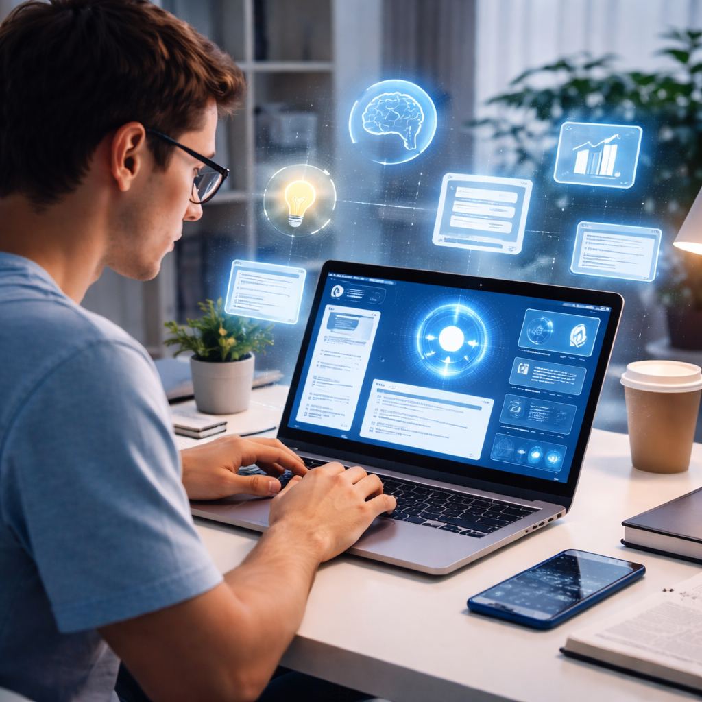 student using AI study assistant on laptop with digital learning icons