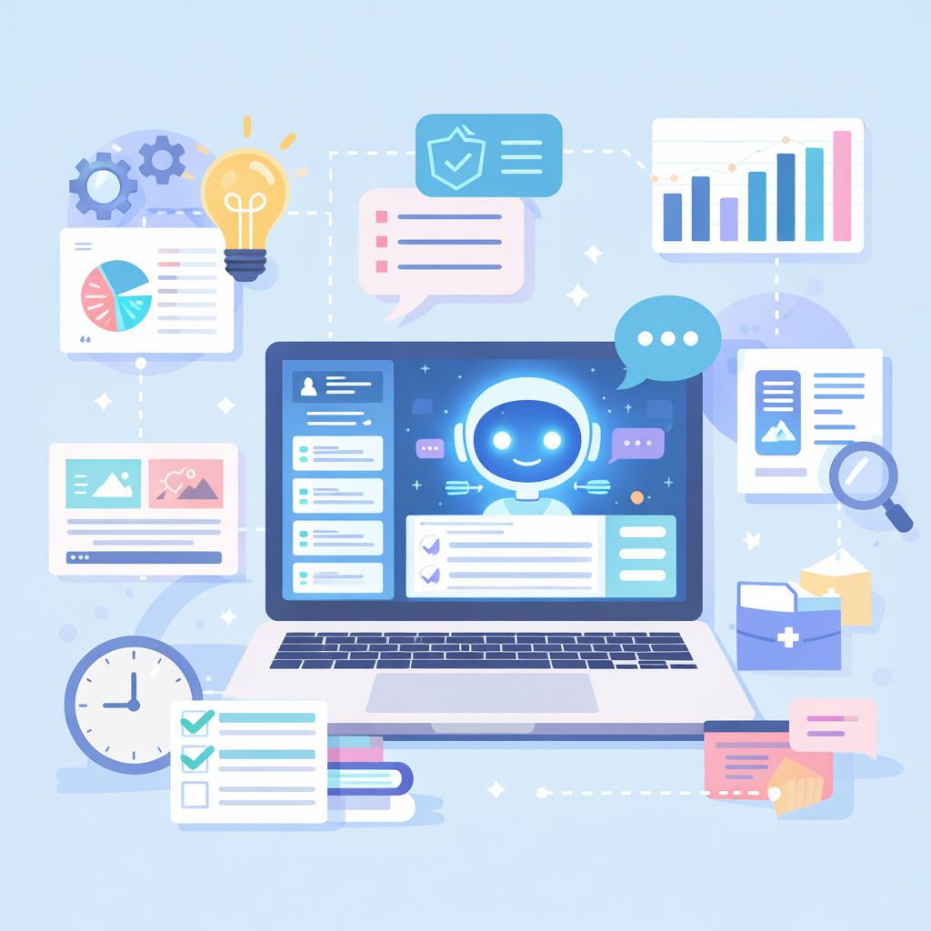 infographic showing AI tools for students with chatbot, charts and productivity icons