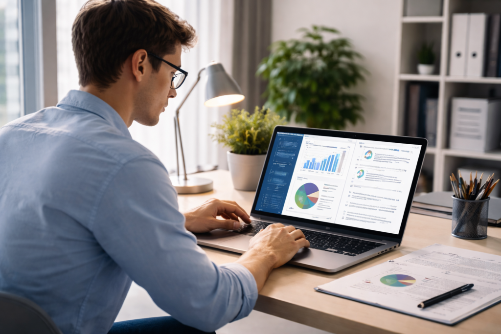 MBA student preparing presentation using AI tools with data analytics charts on laptop