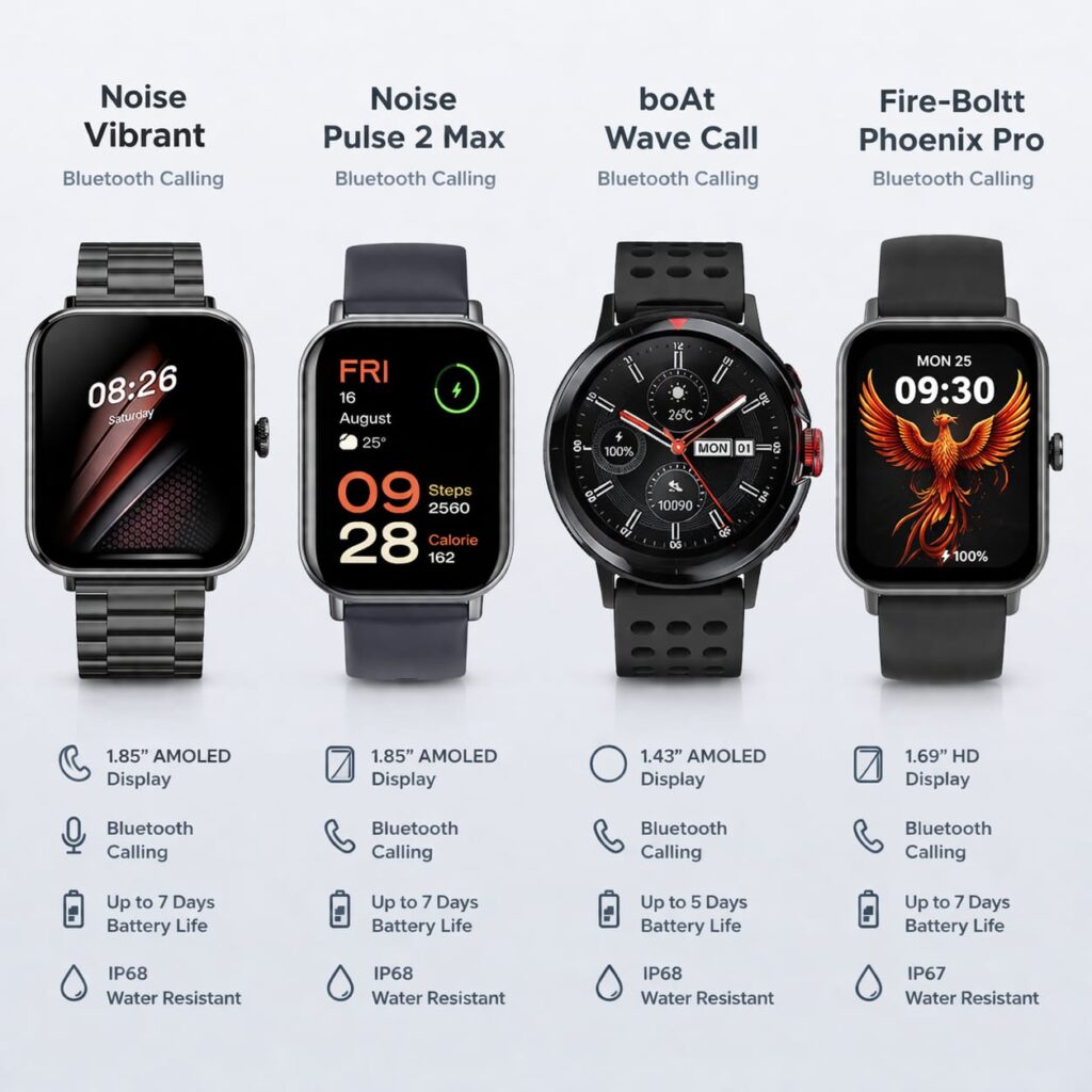 Budget smartwatches comparison showing Noise, Fire-Boltt, boAt and CrossBeats smartwatches under ₹2000 in India