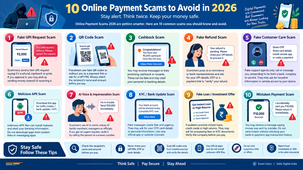 Online payment scams 2026 showing fake UPI requests, QR codes and phishing links